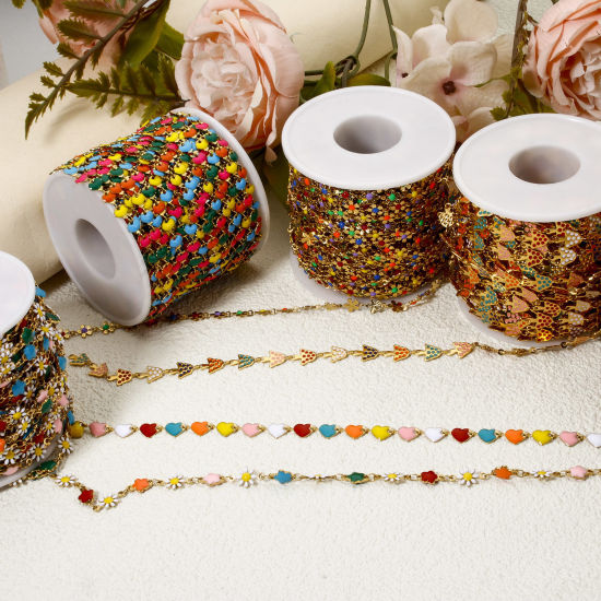 Imagen de 1 M Hipoalergénico 201 Acero Inoxidable día de San Valentín Cadena de Eslabones Hechos a Mano Para Accesorios Hechos a Mano para Hacer Joyas Flor Corazón Chapado en Oro Multicolor Esmalte
