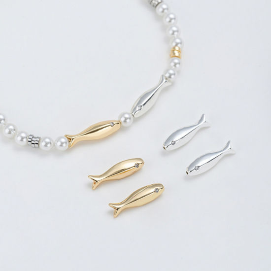 2 個 エコフレンドリー 真鍮 海ジュエリー ビーズ DIY りド ジュエリー アクセサリーを作る リアルゴールドメッキ 魚 クリアキュービックジルコニア 約 15.8mm x 4.2mm、 穴：約 4mm、 の画像