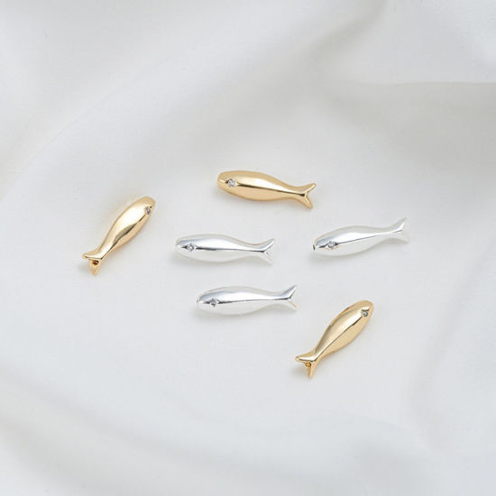 2 個 エコフレンドリー 真鍮 海ジュエリー ビーズ DIY りド ジュエリー アクセサリーを作る リアルゴールドメッキ 魚 クリアキュービックジルコニア 約 15.8mm x 4.2mm、 穴：約 4mm、 の画像