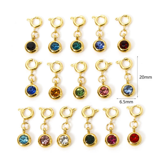 Bild von Umweltfreundliche PVD-Vakuumbeschichtung 304 Edelstahl Monatsstein Charms Anhängerträger für Vintage Armband Rund 18K Vergoldet Mit Federringverschluss 20mm x 6.5mm