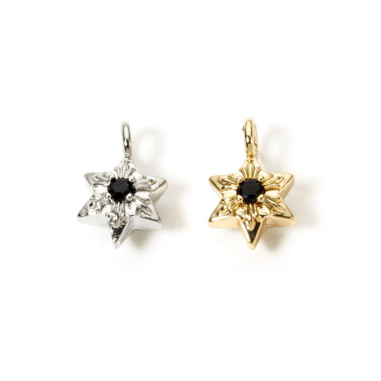 Picture of Eco-friendly Brass Religious Charms Real Gold Plated Star Of David Hexagram Black Rhinestone 14mm x 9mm