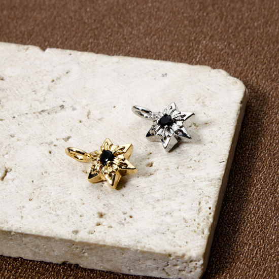 Picture of Eco-friendly Brass Religious Charms Real Gold Plated Star Of David Hexagram Black Rhinestone 14mm x 9mm