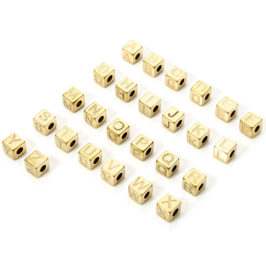 Immagine di 2 Pz Placcatura Sottovuoto PVD Ecologica 304 Acciaio Inossidabile Perline per la Creazione di Gioielli con Fai-da-te Placcato Oro 14K Cubo Lettera Maiuscola Lettere " A-Z " 5mm x 5mm, Buco: Circa 2mm