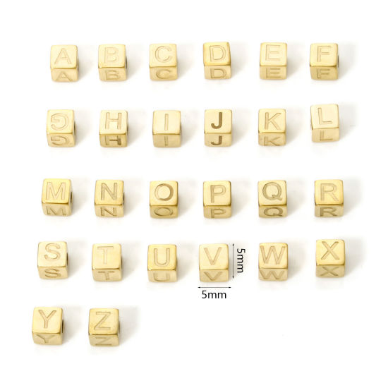 Immagine di 2 Pz Placcatura Sottovuoto PVD Ecologica 304 Acciaio Inossidabile Perline per la Creazione di Gioielli con Fai-da-te Placcato Oro 14K Cubo Lettera Maiuscola Lettere " A-Z " 5mm x 5mm, Buco: Circa 2mm