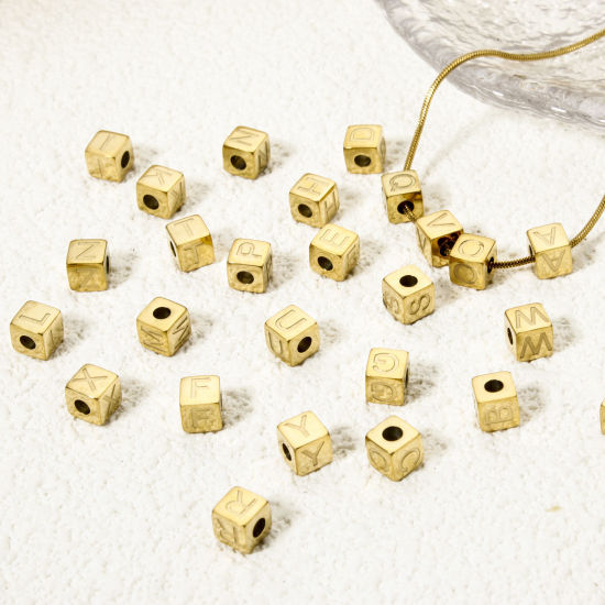 Immagine di 2 Pz Placcatura Sottovuoto PVD Ecologica 304 Acciaio Inossidabile Perline per la Creazione di Gioielli con Fai-da-te Placcato Oro 14K Cubo Lettera Maiuscola Lettere " A-Z " 5mm x 5mm, Buco: Circa 2mm