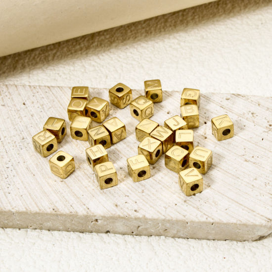 Immagine di 2 Pz Placcatura Sottovuoto PVD Ecologica 304 Acciaio Inossidabile Perline per la Creazione di Gioielli con Fai-da-te Placcato Oro 14K Cubo Lettera Maiuscola Lettere " A-Z " 5mm x 5mm, Buco: Circa 2mm