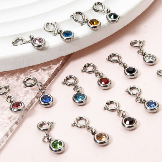 1 個 304ステンレス鋼 誕生石 チャーム 円形 シルバートーン 20mm x 6.5mm、 の画像