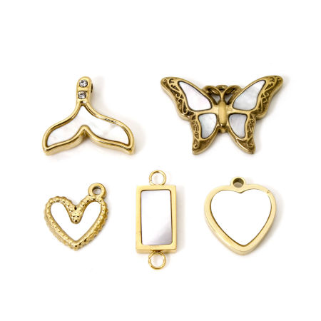 1 個 エコフレンドリー PVD真空メッキ 304ステンレス鋼 & 天然シェル チャーム 蝶 14Kリアルゴールドメッキ ハート