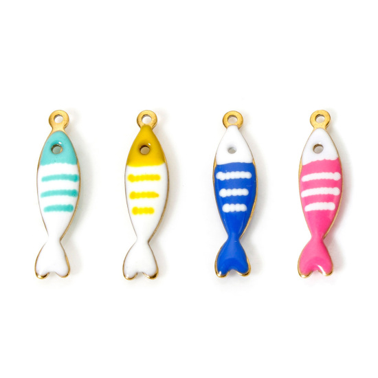 Picture of Eco-friendly PVD Vacuum Plating 304 Stainless Steel Ocean Jewelry Charms 18K Real Gold Plated At Random Color Fish Animal Stripe Enamel 18.5mm x 5mm