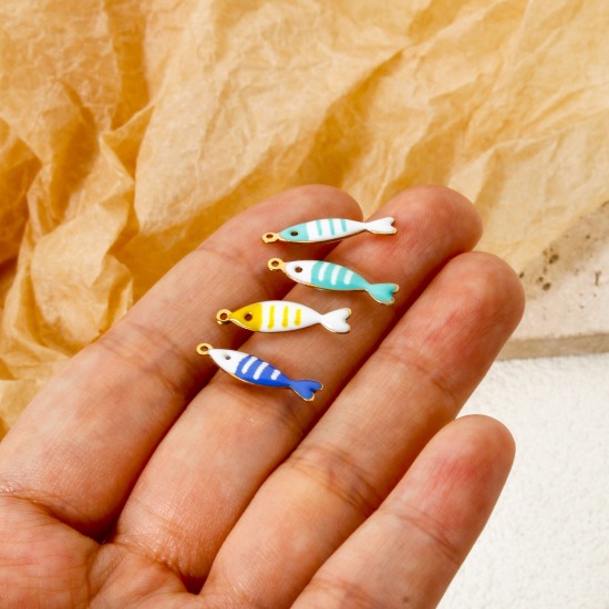 Picture of Eco-friendly PVD Vacuum Plating 304 Stainless Steel Ocean Jewelry Charms 18K Real Gold Plated At Random Color Fish Animal Stripe Enamel 18.5mm x 5mm