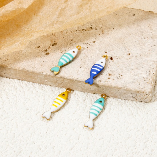 Picture of Eco-friendly PVD Vacuum Plating 304 Stainless Steel Ocean Jewelry Charms 18K Real Gold Plated At Random Color Fish Animal Stripe Enamel 18.5mm x 5mm