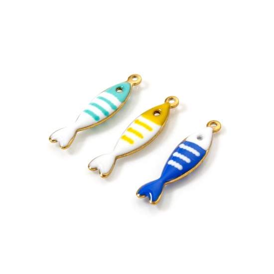 Picture of Eco-friendly PVD Vacuum Plating 304 Stainless Steel Ocean Jewelry Charms 18K Real Gold Plated At Random Color Fish Animal Stripe Enamel 18.5mm x 5mm