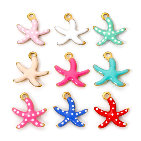 Bild von Umweltfreundliche PVD-Vakuumbeschichtung 304 Edelstahl Ozean Schmuck Charms Seesterne 18K Echtgold plattiert Bunt Emaille 10.5mm x 10mm