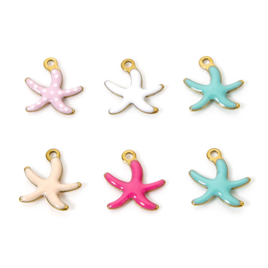 Image de 5 Pcs Breloques en 304 Acier Inoxydable Revêtement sous Vide PVD Respectueux de l'Environnement Bijoux d'Océan Etoile de Mer Plaqué Or Véritable 18K Multicolore Émail 10.5mm x 10mm