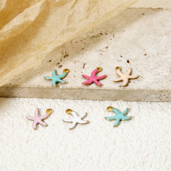 Image de 5 Pcs Breloques en 304 Acier Inoxydable Revêtement sous Vide PVD Respectueux de l'Environnement Bijoux d'Océan Etoile de Mer Plaqué Or Véritable 18K Multicolore Émail 10.5mm x 10mm