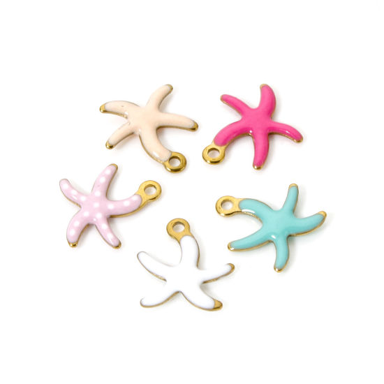 Image de 5 Pcs Breloques en 304 Acier Inoxydable Revêtement sous Vide PVD Respectueux de l'Environnement Bijoux d'Océan Etoile de Mer Plaqué Or Véritable 18K Multicolore Émail 10.5mm x 10mm