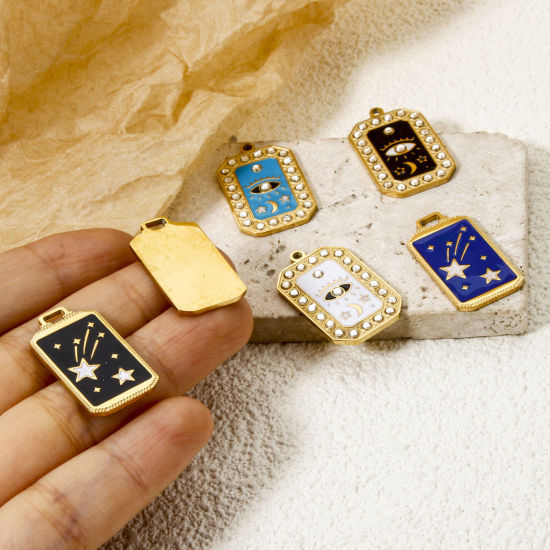 Image de 1 Pièce Breloques en 304 Acier Inoxydable Revêtement sous Vide PVD Respectueux de l'Environnement Rectangle Plaqué Or Véritable 18K Multicolore Yeux Émail 26.5mm x 16mm