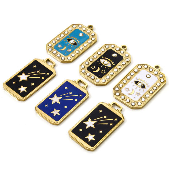 Image de 1 Pièce Breloques en 304 Acier Inoxydable Revêtement sous Vide PVD Respectueux de l'Environnement Rectangle Plaqué Or Véritable 18K Multicolore Yeux Émail 26.5mm x 16mm