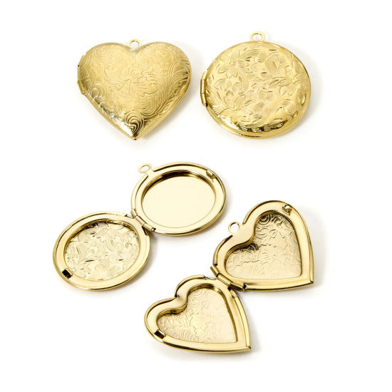 Picture of Eco-friendly PVD Vacuum Plating 304 Stainless Steel Picture Photo Locket Frame Pendants 14K Real Gold Plated Heart Flower