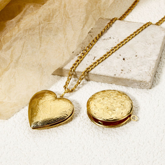 Picture of Eco-friendly PVD Vacuum Plating 304 Stainless Steel Picture Photo Locket Frame Pendants 14K Real Gold Plated Heart Flower