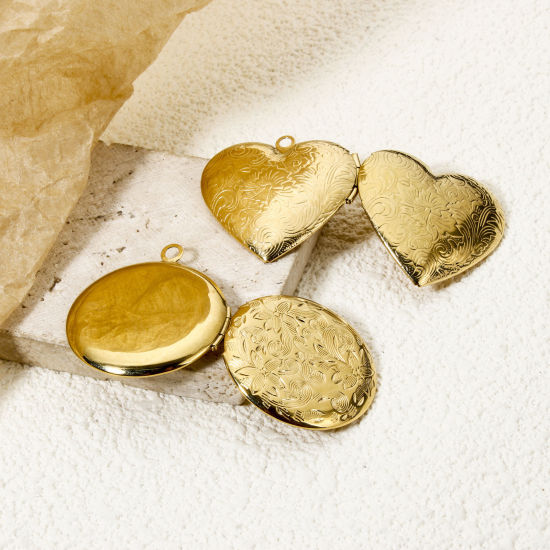 Picture of Eco-friendly PVD Vacuum Plating 304 Stainless Steel Picture Photo Locket Frame Pendants 14K Real Gold Plated Heart Flower
