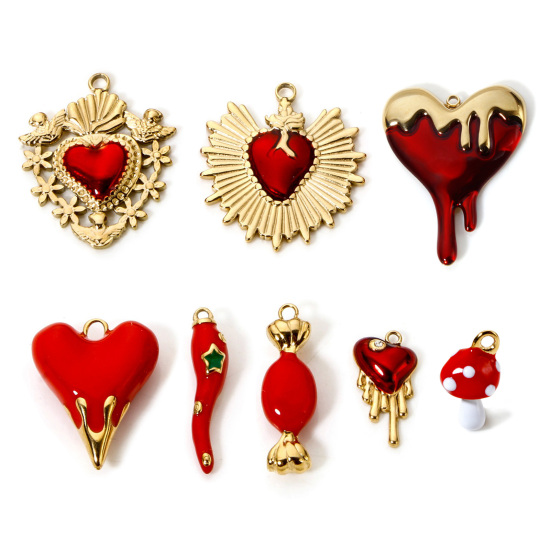 Image de 1 Pièce Breloques en 304 Acier Inoxydable Revêtement sous Vide PVD Respectueux de l'Environnement Cœur Plaqué Or Véritable 14K Rouge Coeur de Ex-Voto
