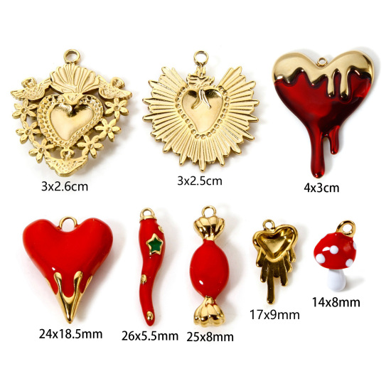 Image de 1 Pièce Breloques en 304 Acier Inoxydable Revêtement sous Vide PVD Respectueux de l'Environnement Cœur Plaqué Or Véritable 14K Rouge Coeur de Ex-Voto