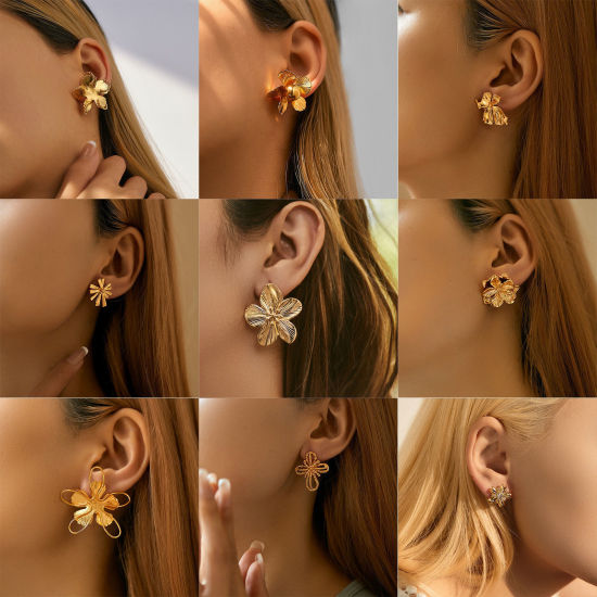 Image de 1 Paire Boucles d'Oreilles Puces Style Ins en Laiton Respectueux de la Nature À la Mode Fleur Plaqué Or Véritable 18K