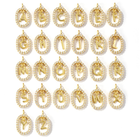 Image de 1 Pièce Breloques En Gros Micro Pave Respectueux de la Nature en Laiton Plaqué Or Véritable 18K Ovale Alphabet Initial/ Lettre Majuscule Creux à Zircone Cubique Clair 18.7mm x 11.3mm