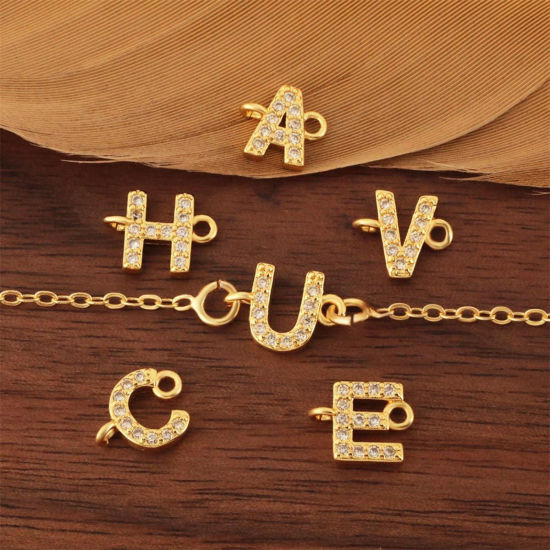 Imagen de 2 Unidades Latón Micro Pave Conectores Dijes Colgantes Letra Mayúscula Chapado en Oro de 18K Claro Circón Artificial