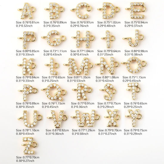 Imagen de 2 Unidades Latón Micro Pave Conectores Dijes Colgantes Letra Mayúscula Chapado en Oro de 18K Claro Circón Artificial