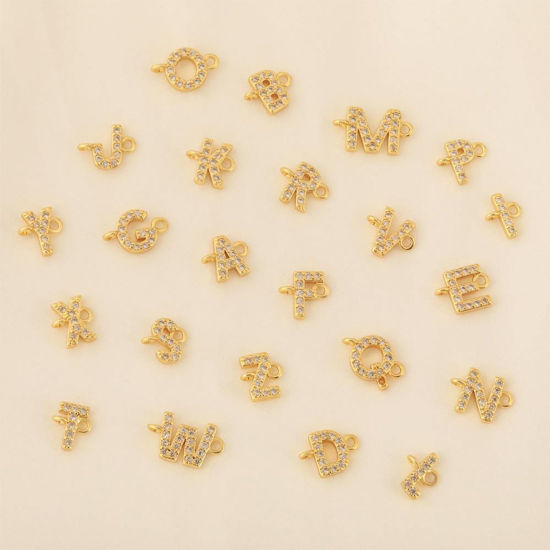 Imagen de 2 Unidades Latón Micro Pave Conectores Dijes Colgantes Letra Mayúscula Chapado en Oro de 18K Claro Circón Artificial