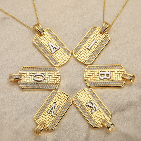 Bild von 1 Piece Brass Micro Pave Pendants 18K Gold Plated & Platinum Plated Two Tone Rectangle Capital Alphabet Initial Letter Clear Cubic Zirconia 3.5cm x 2cm