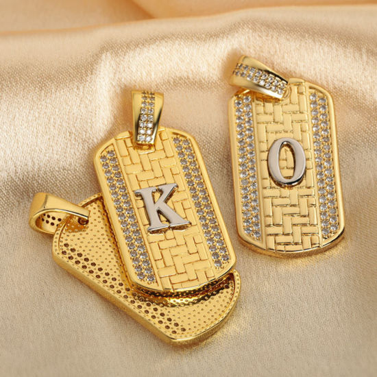 Bild von 1 Piece Brass Micro Pave Pendants 18K Gold Plated & Platinum Plated Two Tone Rectangle Capital Alphabet Initial Letter Clear Cubic Zirconia 3.5cm x 2cm