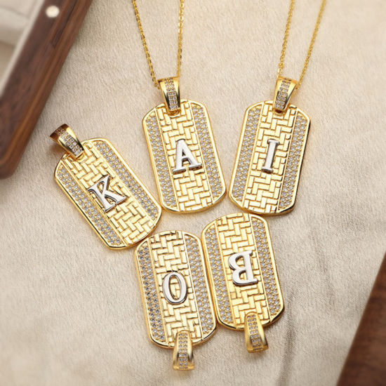 Bild von 1 Piece Brass Micro Pave Pendants 18K Gold Plated & Platinum Plated Two Tone Rectangle Capital Alphabet Initial Letter Clear Cubic Zirconia 3.5cm x 2cm