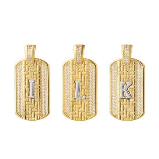 Bild von 1 Piece Brass Micro Pave Pendants 18K Gold Plated & Platinum Plated Two Tone Rectangle Capital Alphabet Initial Letter Clear Cubic Zirconia 3.5cm x 2cm