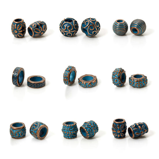 Picture of 20 PCs Zinc Based Alloy Patina Spacer Beads For DIY Jewelry Making Antique Copper Blue Drum Flower