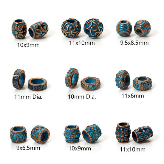 Picture of 20 PCs Zinc Based Alloy Patina Spacer Beads For DIY Jewelry Making Antique Copper Blue Drum Flower