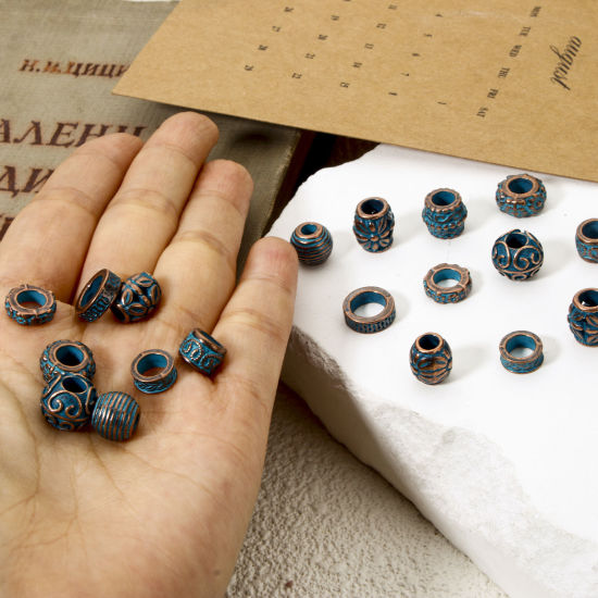 Picture of 20 PCs Zinc Based Alloy Patina Spacer Beads For DIY Jewelry Making Antique Copper Blue Drum Flower