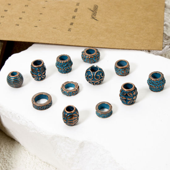 Picture of 20 PCs Zinc Based Alloy Patina Spacer Beads For DIY Jewelry Making Antique Copper Blue Drum Flower