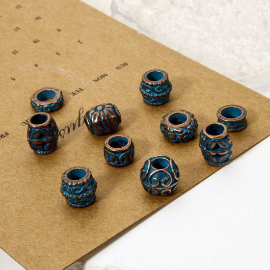 Picture of 20 PCs Zinc Based Alloy Patina Spacer Beads For DIY Jewelry Making Antique Copper Blue Drum Flower