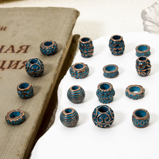 Picture of 20 PCs Zinc Based Alloy Patina Spacer Beads For DIY Jewelry Making Antique Copper Blue Drum Flower