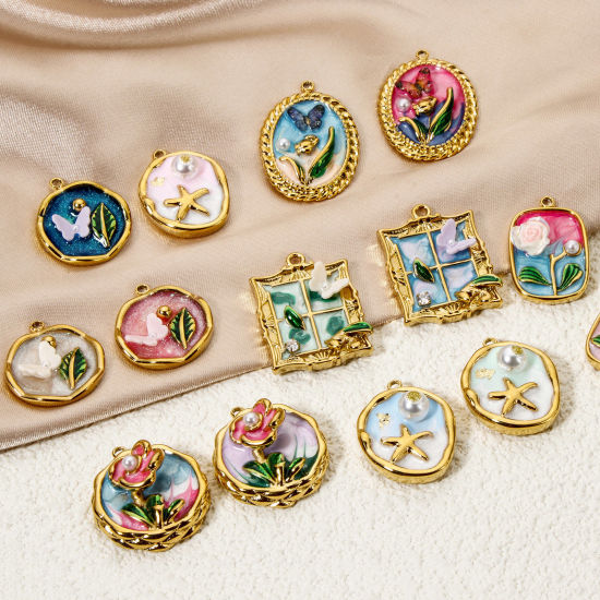 Picture of Eco-friendly PVD Vacuum Plating 304 Stainless Steel Oil Painting Style Charms 18K Real Gold Plated Multicolor Butterfly Animal Flower Enamel