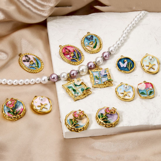 Picture of Eco-friendly PVD Vacuum Plating 304 Stainless Steel Oil Painting Style Charms 18K Real Gold Plated Multicolor Butterfly Animal Flower Enamel