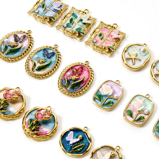 Picture of Eco-friendly PVD Vacuum Plating 304 Stainless Steel Oil Painting Style Charms 18K Real Gold Plated Multicolor Butterfly Animal Flower Enamel