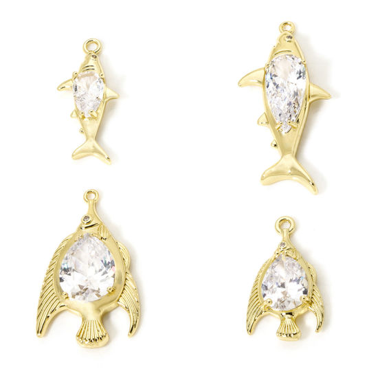 Bild von Umweltfreundlich Messing Ozean Schmuck Anhänger 18K Echtgold plattiert Fisch Klar Kubischer Zirkon