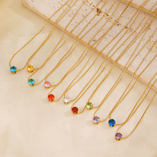 Imagen de 1 Unidad Enchapado al Vacío Ecológico Sencillo & Casual piedra del zodíaco Chapado en Oro de 18K 304 Acero Inoxidable y Diamantes de Imitación Cadena Engastada Ronda Collares Para Mujeres 41.5cm longitud