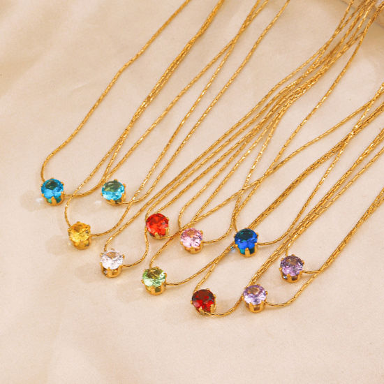 Imagen de 1 Unidad Enchapado al Vacío Ecológico Sencillo & Casual piedra del zodíaco Chapado en Oro de 18K 304 Acero Inoxidable y Diamantes de Imitación Cadena Engastada Ronda Collares Para Mujeres 41.5cm longitud
