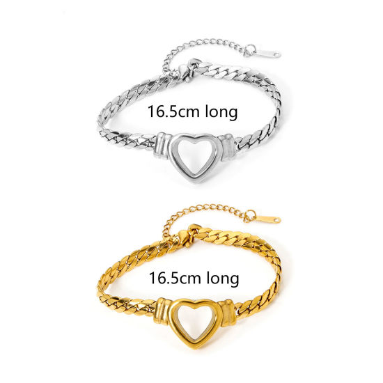 Picture of Stylish Simple 304 Stainless Steel Cuban Link Chain Heart Bracelets For Women Valentine's Day 16.5cm(6 4/8") long