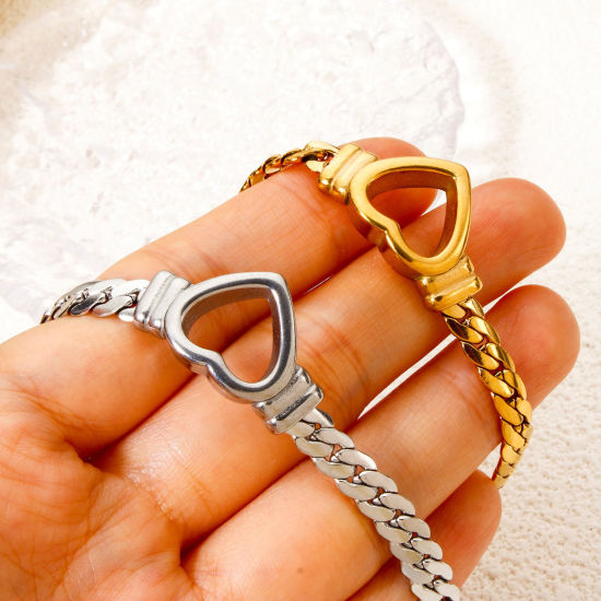 Picture of Stylish Simple 304 Stainless Steel Cuban Link Chain Heart Bracelets For Women Valentine's Day 16.5cm(6 4/8") long